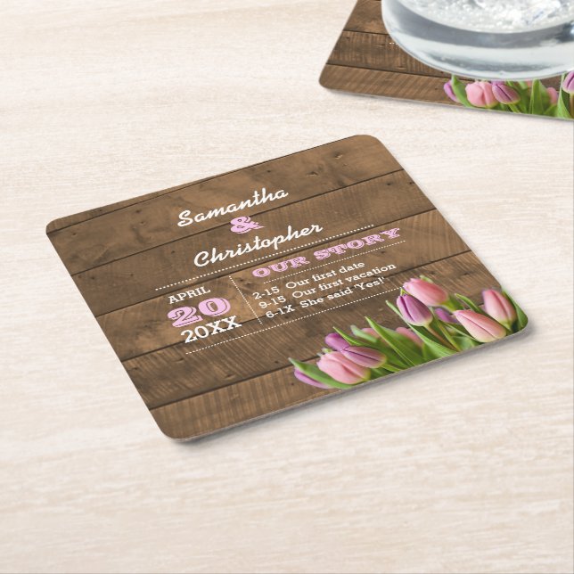 Tulips & Barnwood Pastel Personalisierte Hochzeit Rechteckiger Pappuntersetzer (angewinkelt)