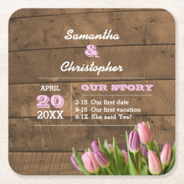 Tulips & Barnwood Pastel Personalisierte Hochzeit Rechteckiger Pappuntersetzer