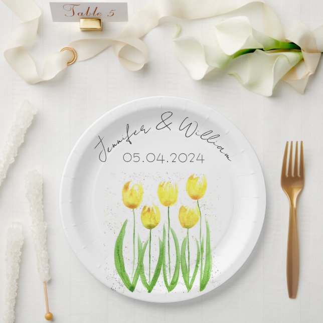 Tulips Blume Aquarell Gelbe Rustikale Hochzeit Pappteller (Hochzeit)
