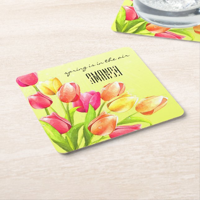 Tulips Bouquet Monogram Rechteckiger Pappuntersetzer (angewinkelt)