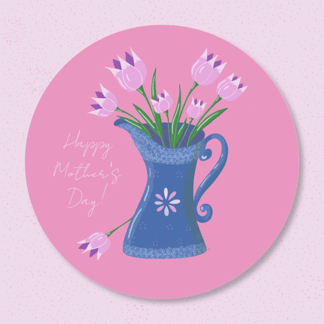 Tulips Bouquet Muttertag rosa Aufkleber (Pink round sticker with a beautiful tulip bouquet in a blue  jug and the words "Happy Mother's Day ")