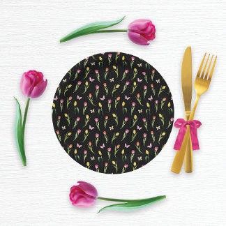 Tulips & Butterfells Schwarzes Muster Pappteller