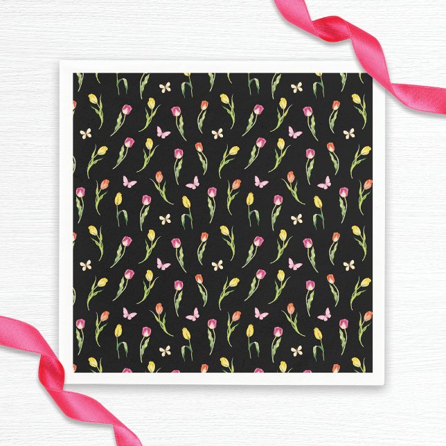 Tulips & Butterfets Schwarzes Muster Brautparty Serviette (Von Creator hochgeladen)