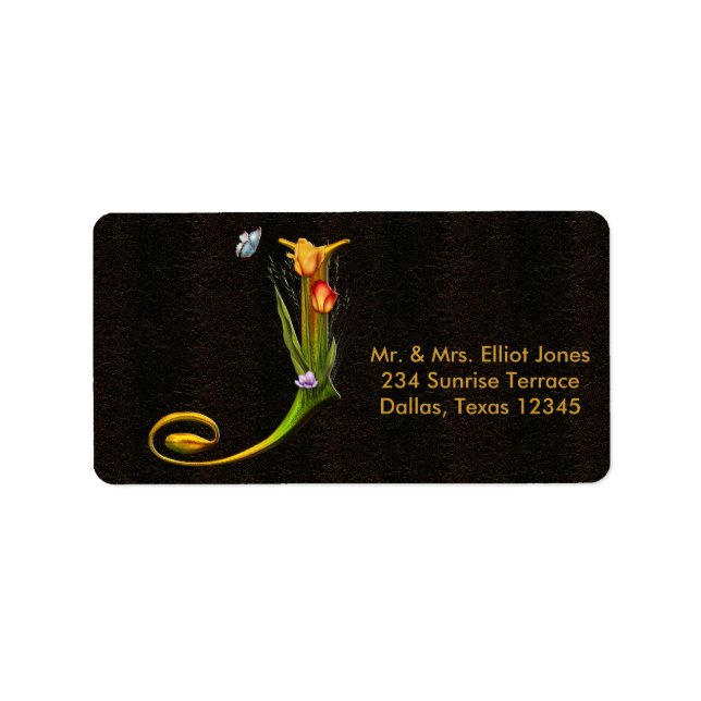 Tulips Butterflies Letter J Monogram Address Label Adressaufkleber (Vorne)