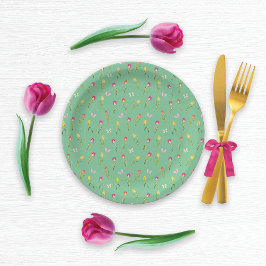 Tulips & Butterfly Grünes Muster Pappteller