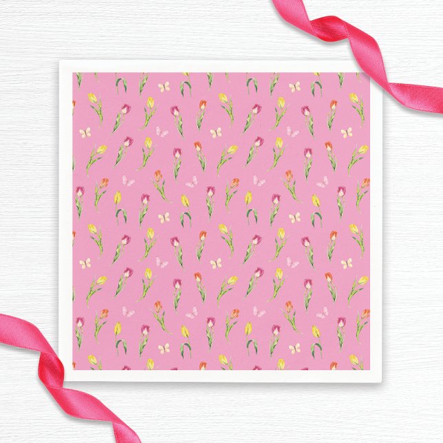 Tulips & Butterfly Pink-Muster-Brautparty Serviette (Von Creator hochgeladen)
