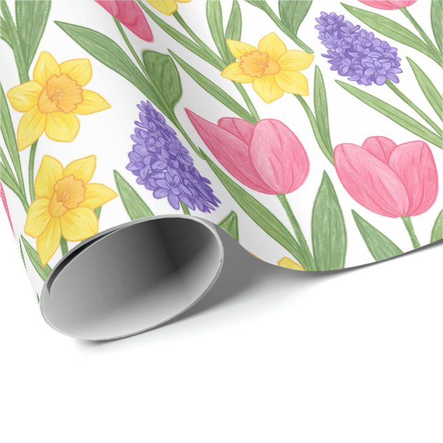 Tulips, Daffodils, Hyacinths Coloring Style Geschenkpapier (Rolleneckpunkt)