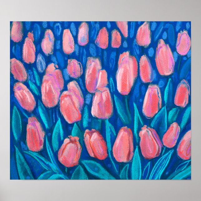 Tulips Field, Frühjahrsblumen Blumen Rotes Blau Poster (Vorne)