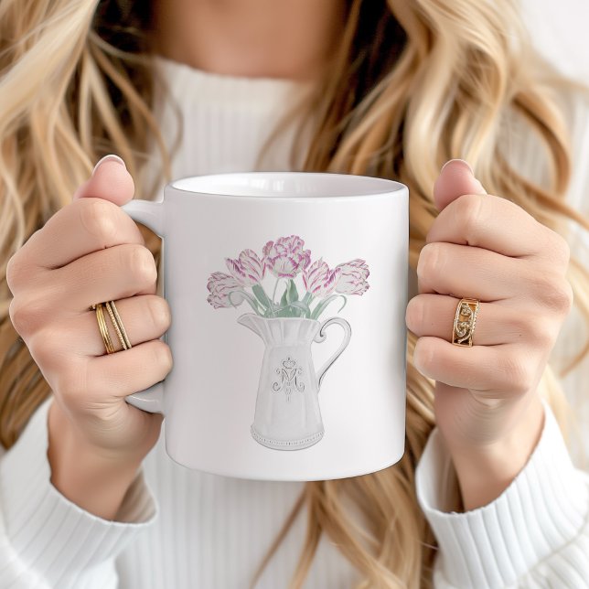 Tulips in der Pitcher-Keramik Kaffeetasse (Pink Tulips in pitcher personalized mug)