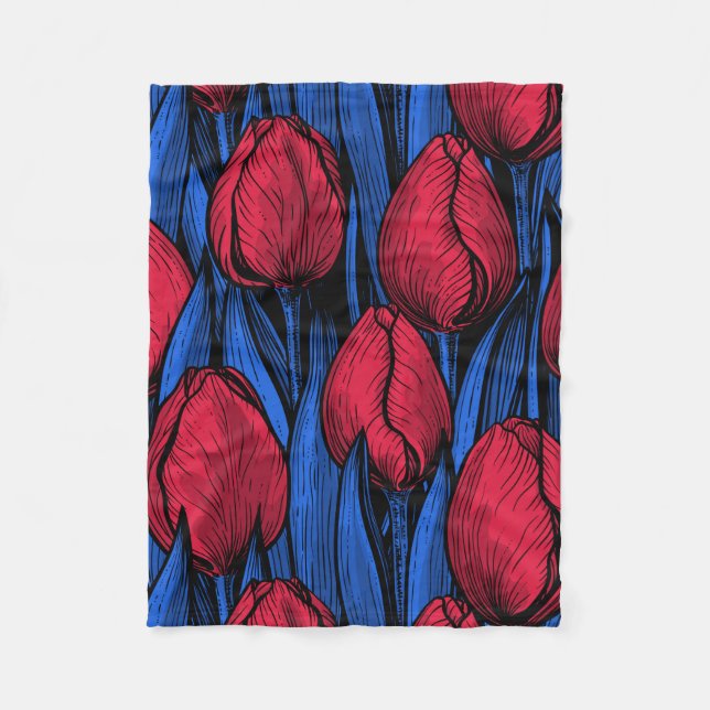 Tulips in Rot und Blau Fleecedecke (Vorderseite)