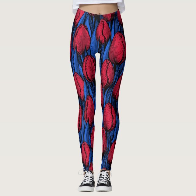 Tulips in Rot und Blau Leggings (Vorderseite)