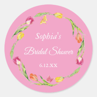 Tulips und Schmetterlinge Rosa Brautparty Runder Aufkleber