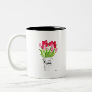 Tulips Wasserfarbe Rosa Blütenfröhlichkeit Ostern Zweifarbige Tasse