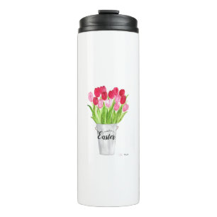 Tulpen Aquarell Blumen Happy Easter Rosa elegant Thermosbecher