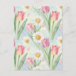 Tulpen-Daisy-Wasserfarben-Frühlingsmuster in Rosa Postkarte