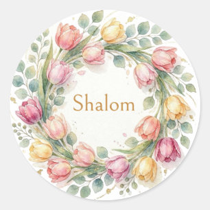 Tulpen-Eukalyptus-Kranz, Shalom Watercolor Gold Runder Aufkleber