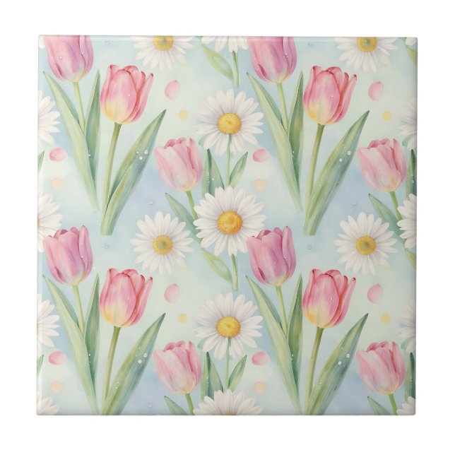 Tulpen-Gänseblümchen-Wasserfarben-Frühlingsmuster  Fliese (Vorderseite)