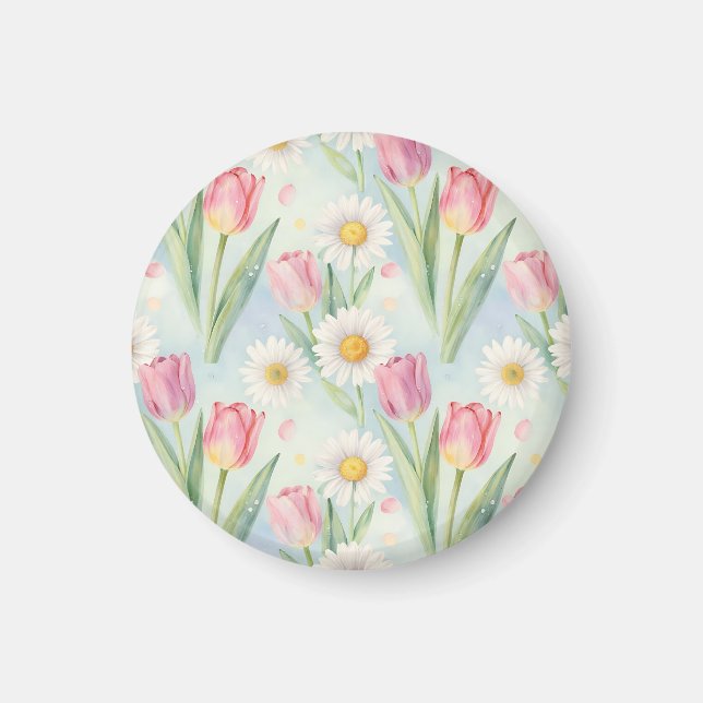 Tulpen-Gänseblümchen-Wasserfarben-Frühlingsmuster Magnet (Vorne)