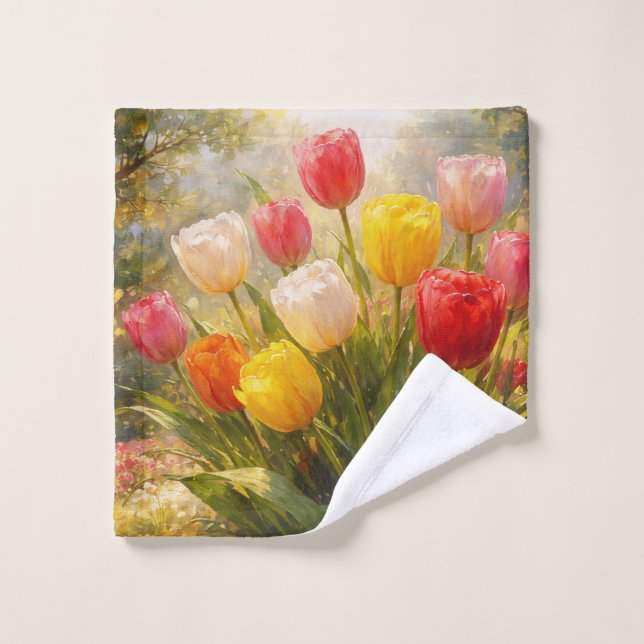 Tulpen Garten - Malerischer Stil Badhandtuch Set (Waschlappen)