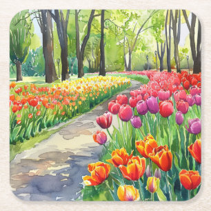 Tulpen im Park Quadratische Papierserviette Rechteckiger Pappuntersetzer