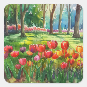 Tulpen im Park Quadratischer Aufkleber
