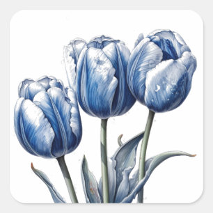 Tulpen in Delfter Blau  Quadratischer Aufkleber