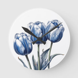 Tulpen in Delfter Blau Runde Wanduhr