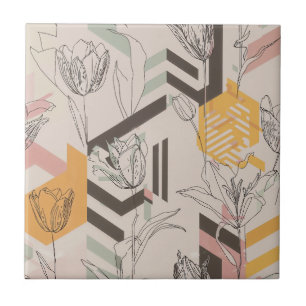 Tulpen-Linienkunst-Muster in Senf & Rosé Fliese