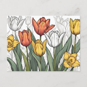 Tulpen und gelbe Narzissenblumen Frühlingsblumen  Postkarte