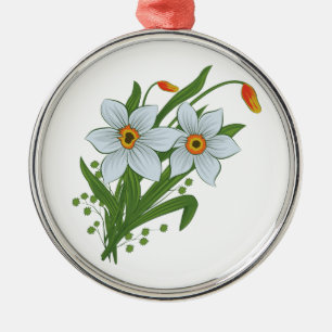 Tulpen und Osterglocken Blumen Silbernes Ornament