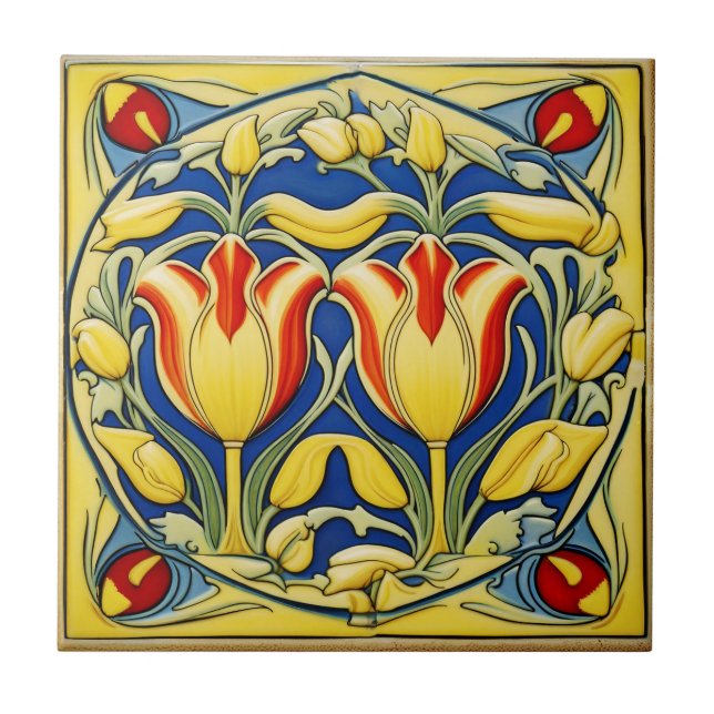 Tulpen zu Symmetric Art Nouveau Keramik Tile Fliese (Vorderseite)
