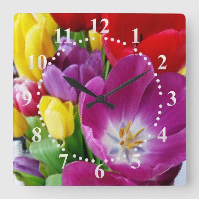 Tulpenfarben Quadratische Wanduhr (Vorderseite)