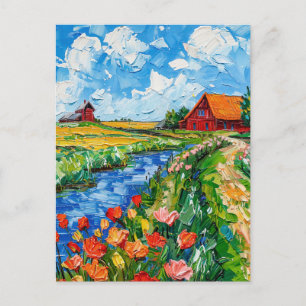 Tulpenfelder mit Scheune und Bach Fantasy-Malerei Postkarte