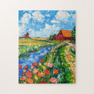 Tulpenfelder mit Scheune und Bach Fantasy-Malerei Puzzle