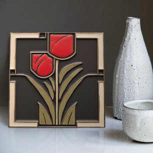 Tulpenliebe Abstrakte Rote Blumen Mid-Century-Deko Fliese