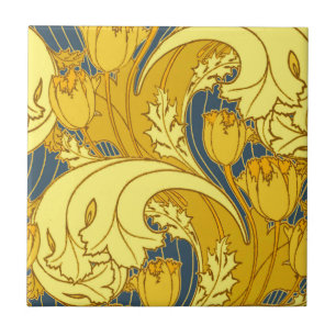 Tulpenmusterdruck: Gelbblaue Art Nouveau Fliese