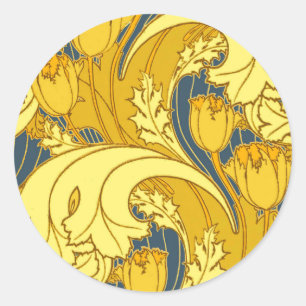 Tulpenmusterdruck: Gelbblaue Art Nouveau Runder Aufkleber