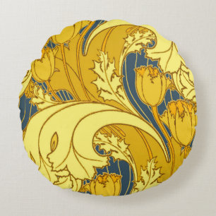 Tulpenmusterdruck: Gelbblaue Art Nouveau Rundes Kissen