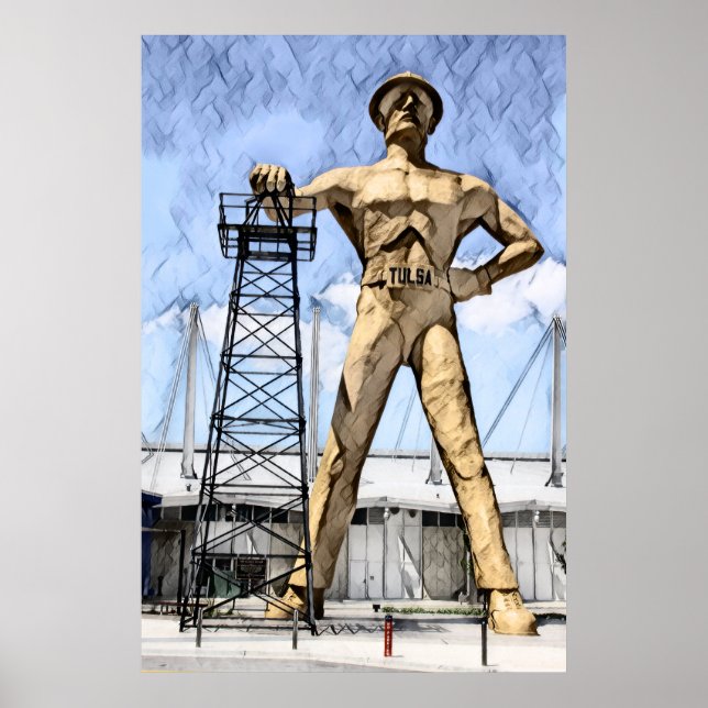 Tulsa Golden Driller Statue Aquarellmalerei Poster (Vorne)