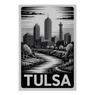 Tulsa Oklahoma Skyline Schwarz Weiß Holzschnitt Poster