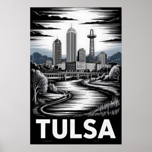 Tulsa Oklahoma Skyline Schwarz Weiß Holzschnitt Poster