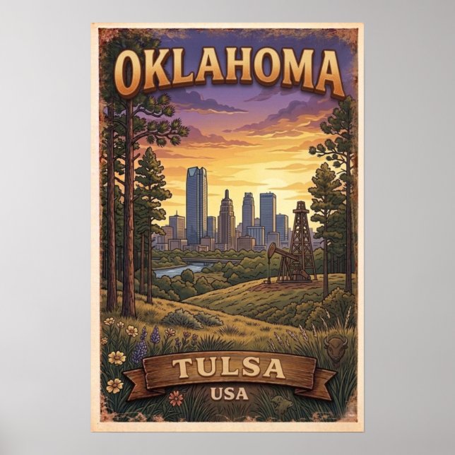 Tulsa Skyline Sunset Illustration Poster (Vorne)