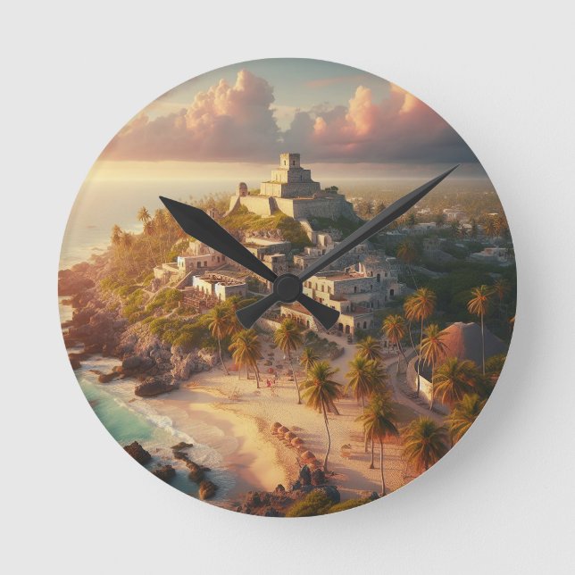 Tulum Mexico Landscape Vintage Reise Runde Wanduhr (Vorderseite)