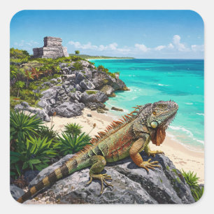 Tulum Mexico Reise Iguana Quadratischer Aufkleber
