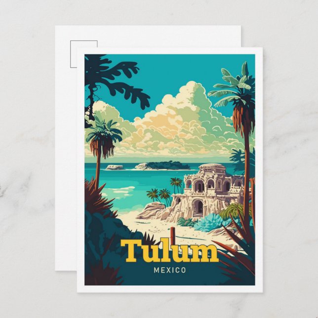Tulum Mexico Reisen Kunst Vintage Illustration Postkarte (Vorne/Hinten)