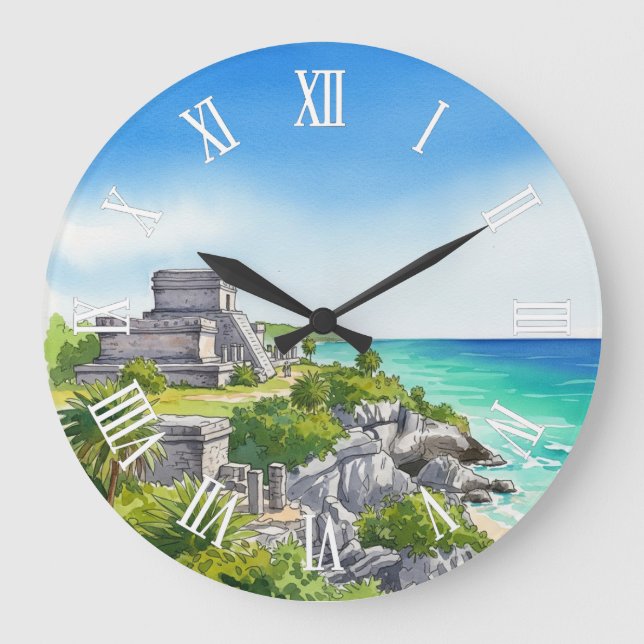 Tulum Mexiko Aquarell Große Wanduhr (Vorderseite)