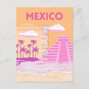 Tulum, Travel Art, Retro Art, Rosa, Orange Feiertagspostkarte