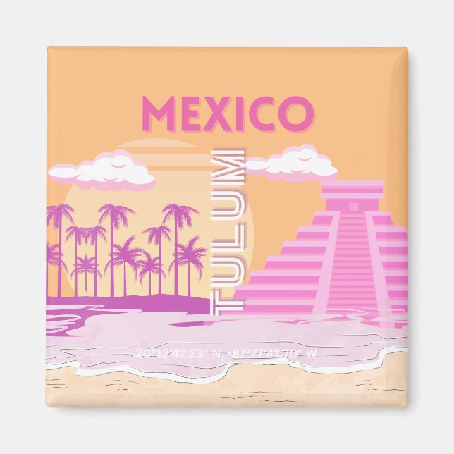 Tulum, Travel Art, Retro Art, Rosa, Orange Magnet (Vorne)