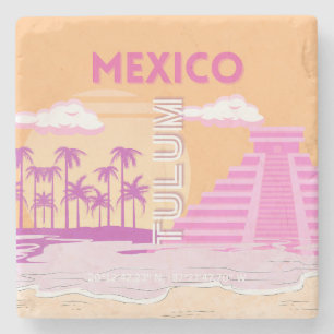 Tulum, Travel Art, Retro Art, Rosa, Orange Steinuntersetzer