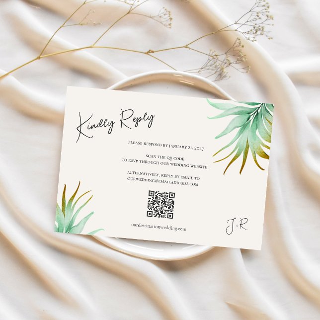 Tulum Watercolor Tropical Gold Palm Destination QR RSVP Karte (Von Creator hochgeladen)